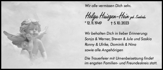 Traueranzeige von Helga Huisgen-Hein von Wetzlarer Neue Zeitung