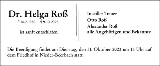 Traueranzeige von Helga Roß von Darmstädter Echo