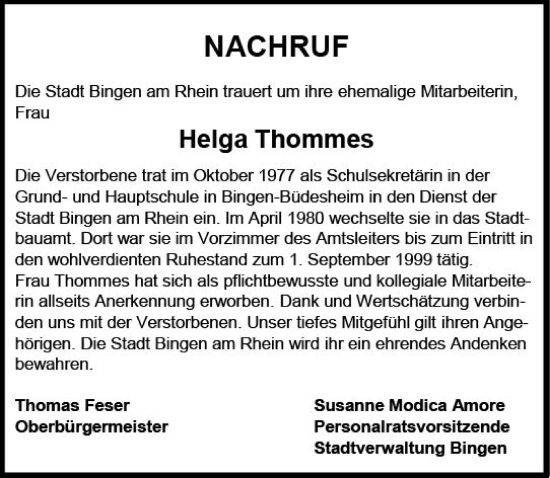 Traueranzeige von Helga Thommes von Allgemeine Zeitung Bingen/Ingelheim