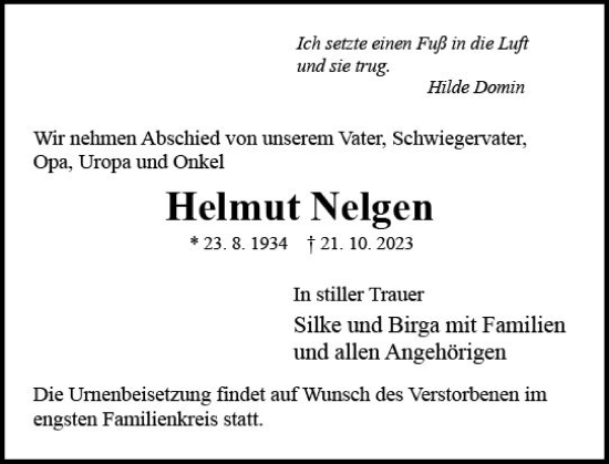 Traueranzeige von Helmut Nelgen von Allgemeine Zeitung Mainz