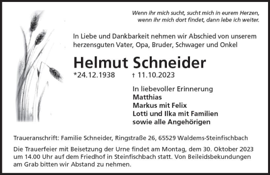 Traueranzeige von Helmut Schneider von Camberger Anzeiger