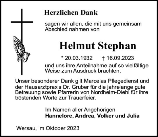 Traueranzeige von Helmut Stephan von Odenwälder Echo