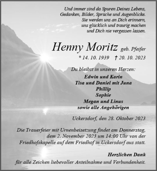 Traueranzeige von Henny Moritz von Dill Block