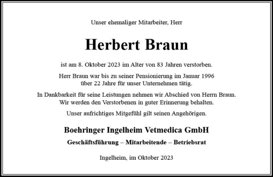 Traueranzeige von Herbert Braun von Allgemeine Zeitung Bingen/Ingelheim