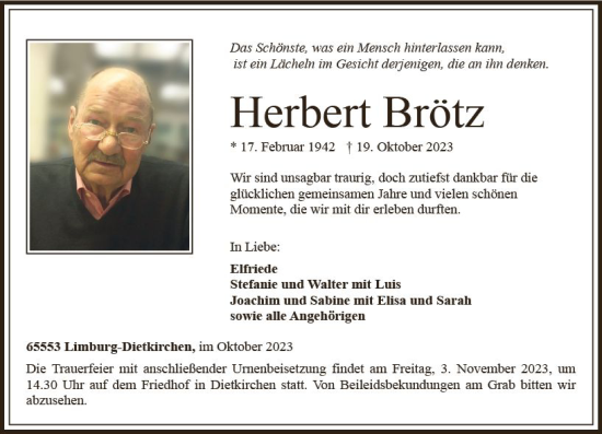 Traueranzeige von Herbert Brötz von Nassauische Neue Presse