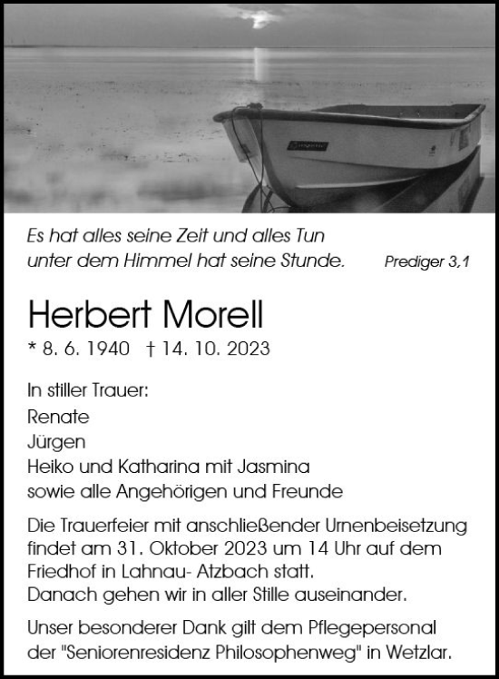 Traueranzeige von Herbert Morell von Wetzlarer Neue Zeitung