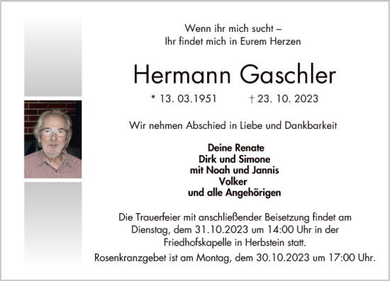 Traueranzeige von Hermann Gaschler von VRM Trauer