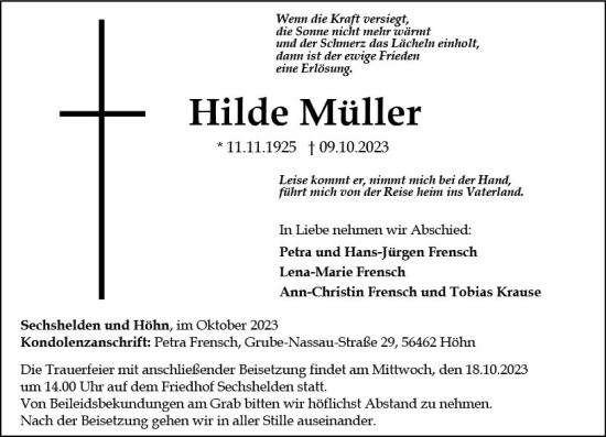 Traueranzeige von Hilde Müller von Dill Block