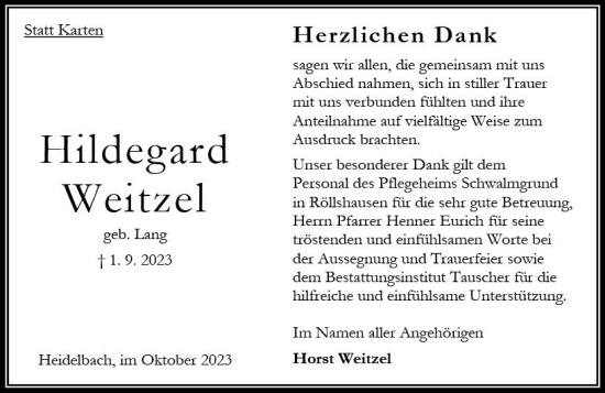 Traueranzeige von Hildegard Weitzel von Oberhessen Kurier