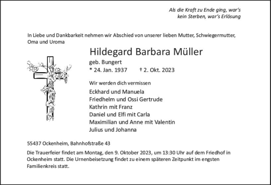 Traueranzeige von Hildegard Barbara Müller von Allgemeine Zeitung Bingen/Ingelheim