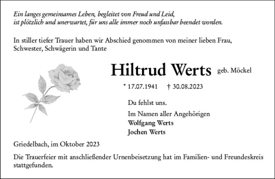 Traueranzeige von Hiltrud Werts von Wetzlarer Neue Zeitung