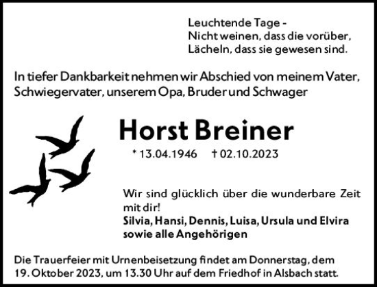 Traueranzeige von Horst Breiner von Darmstädter Echo