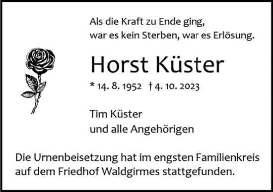 Traueranzeige von Horst Küster von Wetzlarer Neue Zeitung