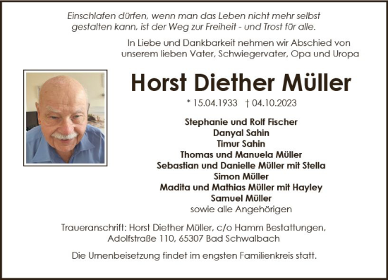 Traueranzeige von Horst Diether Müller von Allgemeine Zeitung Mainz