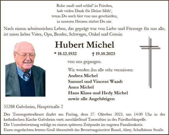 Traueranzeige von Hubert Michel von Allgemeine Zeitung Alzey