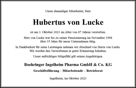 Traueranzeige von Hubertus von Lucke von Allgemeine Zeitung Bingen/Ingelheim