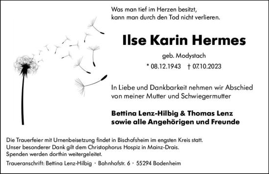Traueranzeige von Ilse Karin Hermes von Allgemeine Zeitung Mainz