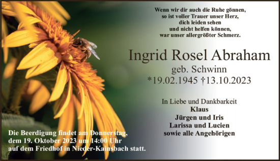 Traueranzeige von Ingrid Rosel Abraham von Odenwälder Echo