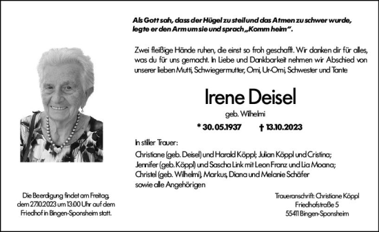 Traueranzeige von Irene Deisel von Bingen/Ingelheim WOBL inkl. Neue Binger Ztg.