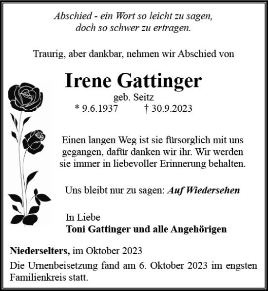 Traueranzeige von Irene Gattinger von Camberger Anzeiger