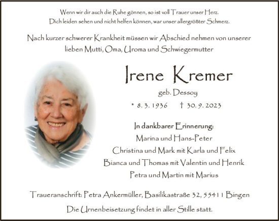 Traueranzeige von Irene Kremer von Allgemeine Zeitung Bingen/Ingelheim