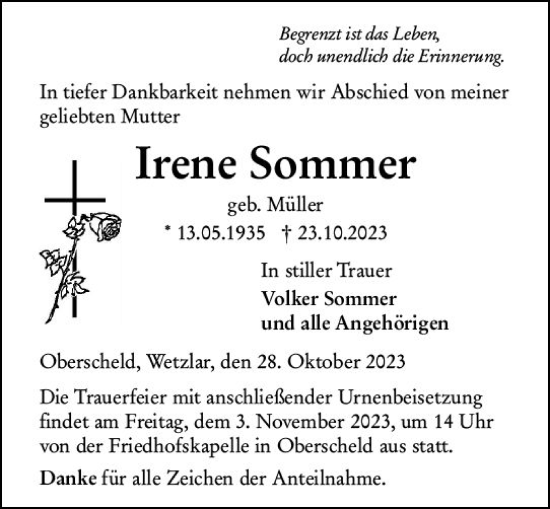 Traueranzeige von Irene Sommer von Dill Block
