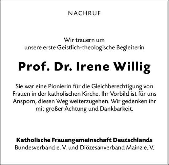 Traueranzeige von Irene Willig von Allgemeine Zeitung Mainz