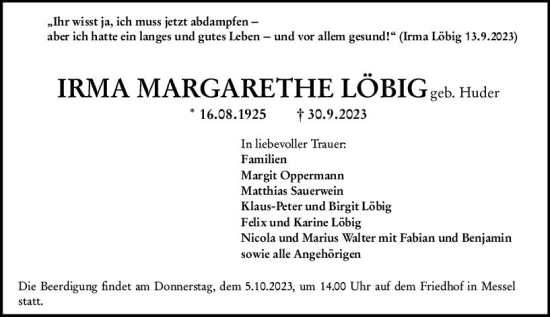 Traueranzeige von Irma Margarethe Löbig von Darmstädter Echo