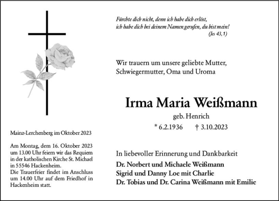 Traueranzeige von Irma Maria Weißmann von Allgemeine Zeitung Bad Kreuznach