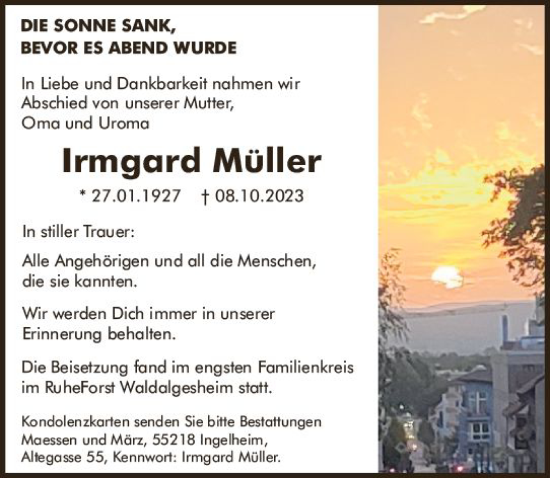 Traueranzeige von Irmgard Müller von Allgemeine Zeitung Bingen/Ingelheim