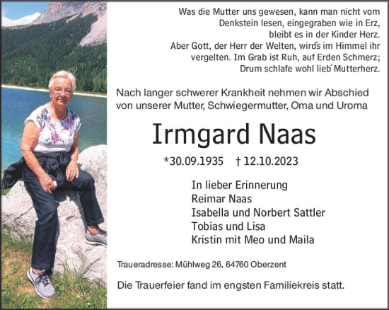 Traueranzeige von Irmgard Naas von Odenwälder Echo