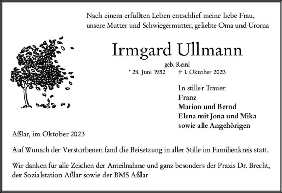 Traueranzeige von Irmgard Ullmann von Wetzlarer Neue Zeitung