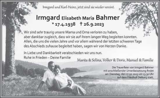Traueranzeige von Irmgard Elisabeth Maria Bahmer von Dieburger Anzeiger/Groß-Zimmerner Lokal-Anzeiger