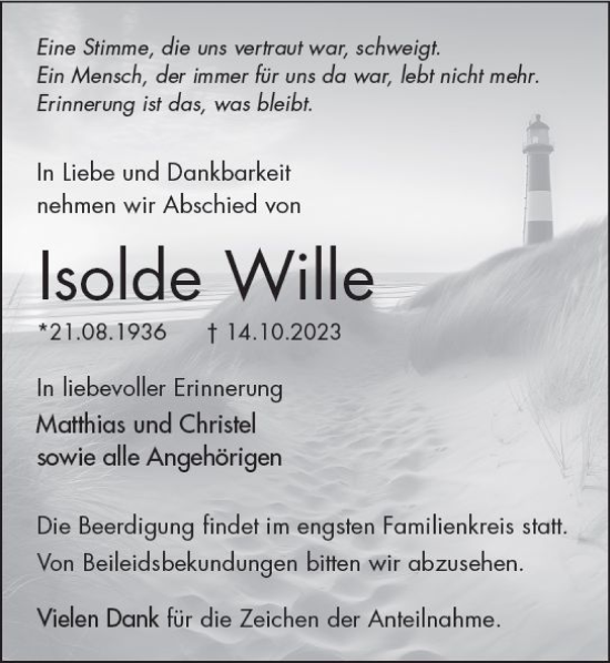 Traueranzeige von Isolde Wille von Wetzlarer Neue Zeitung