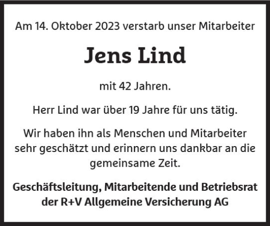 Traueranzeige von Jens Lind von Wiesbadener Kurier