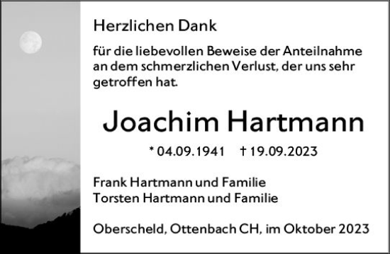 Traueranzeige von Joachim Hartmann von Dill Block