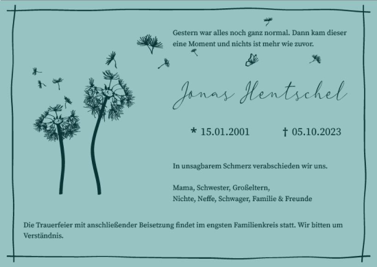 Traueranzeige von Jonas Hentschel von Allgemeine Zeitung Alzey