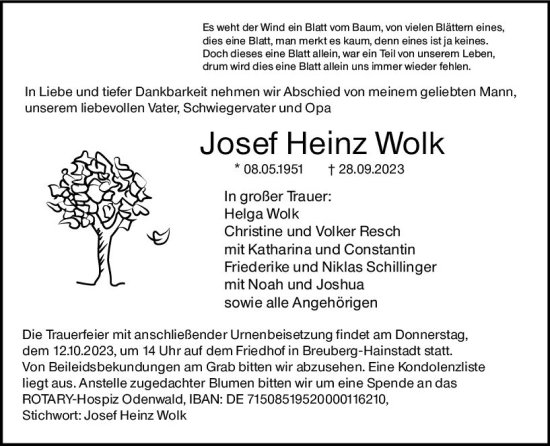 Traueranzeige von Josef Heinz Wolk von Odenwälder Echo