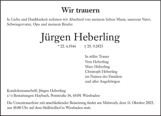 Traueranzeige von Jürgen Heberling von Wiesbadener Kurier