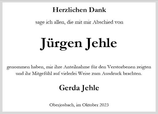 Traueranzeige von Jürgen Jehle von Untertaunus/Idstein Wochenblatt