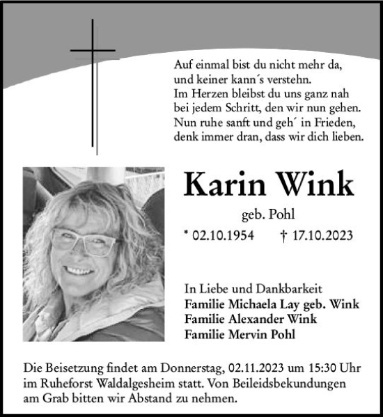 Traueranzeige von Karin Wink von Bingen/Ingelheim WOBL inkl. Neue Binger Ztg.