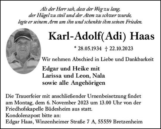 Traueranzeige von Karl-Adolf Haas von Bingen/Ingelheim WOBL inkl. Neue Binger Ztg.