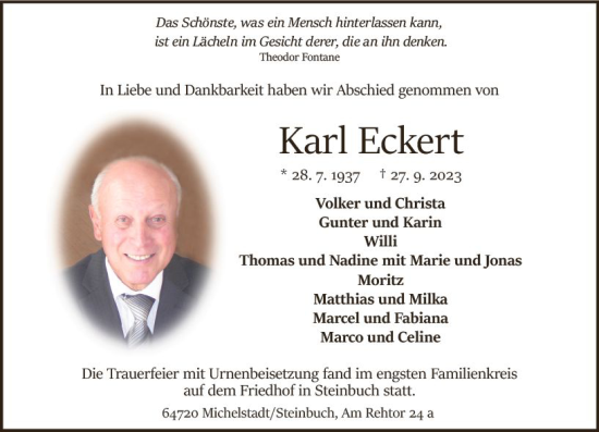 Traueranzeige von Karl Eckert von Odenwälder Echo