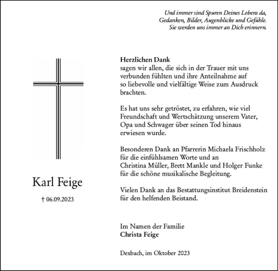 Traueranzeige von Karl Feige von Hinterländer Anzeiger