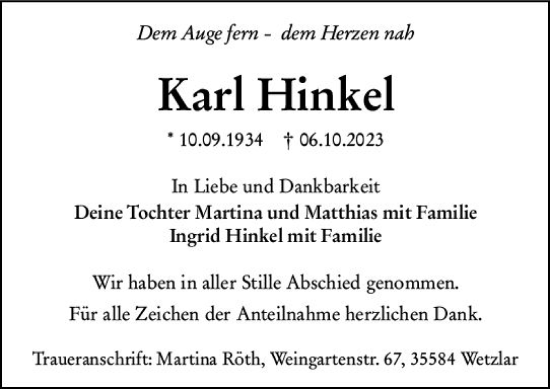 Traueranzeige von Karl Hinkel von Wetzlarer Neue Zeitung