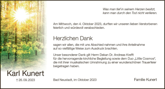 Traueranzeige von Karl Kunert von Groß-Gerauer Echo