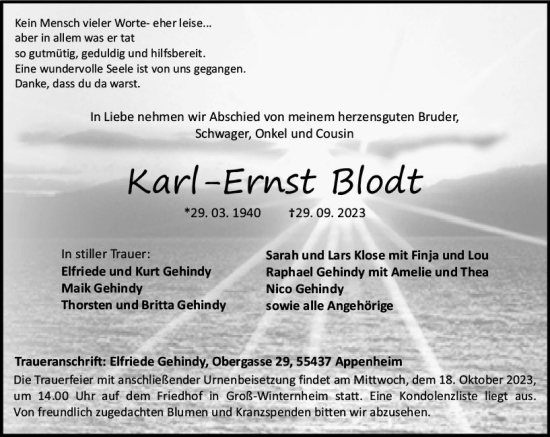 Traueranzeige von Karl Ernst Blodt von Allgemeine Zeitung Bingen/Ingelheim