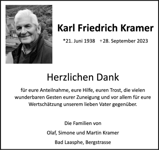 Traueranzeige von Karl Friedrich Kramer von Hinterländer Anzeiger