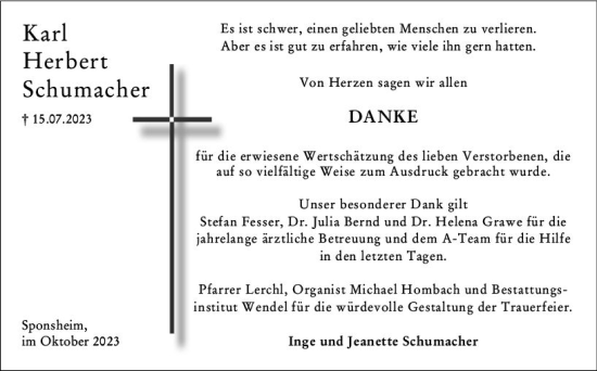 Traueranzeige von Karl Herbert Schumacher von Allgemeine Zeitung Bingen/Ingelheim