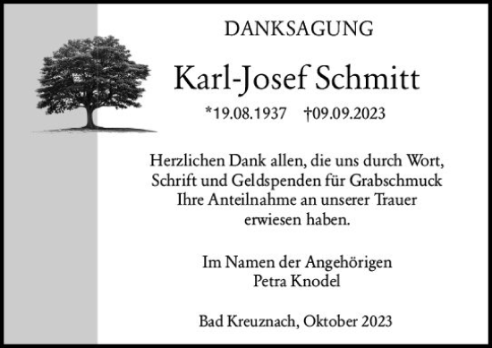 Traueranzeige von Karl Josef Schmitt von Allgemeine Zeitung Bingen/Ingelheim